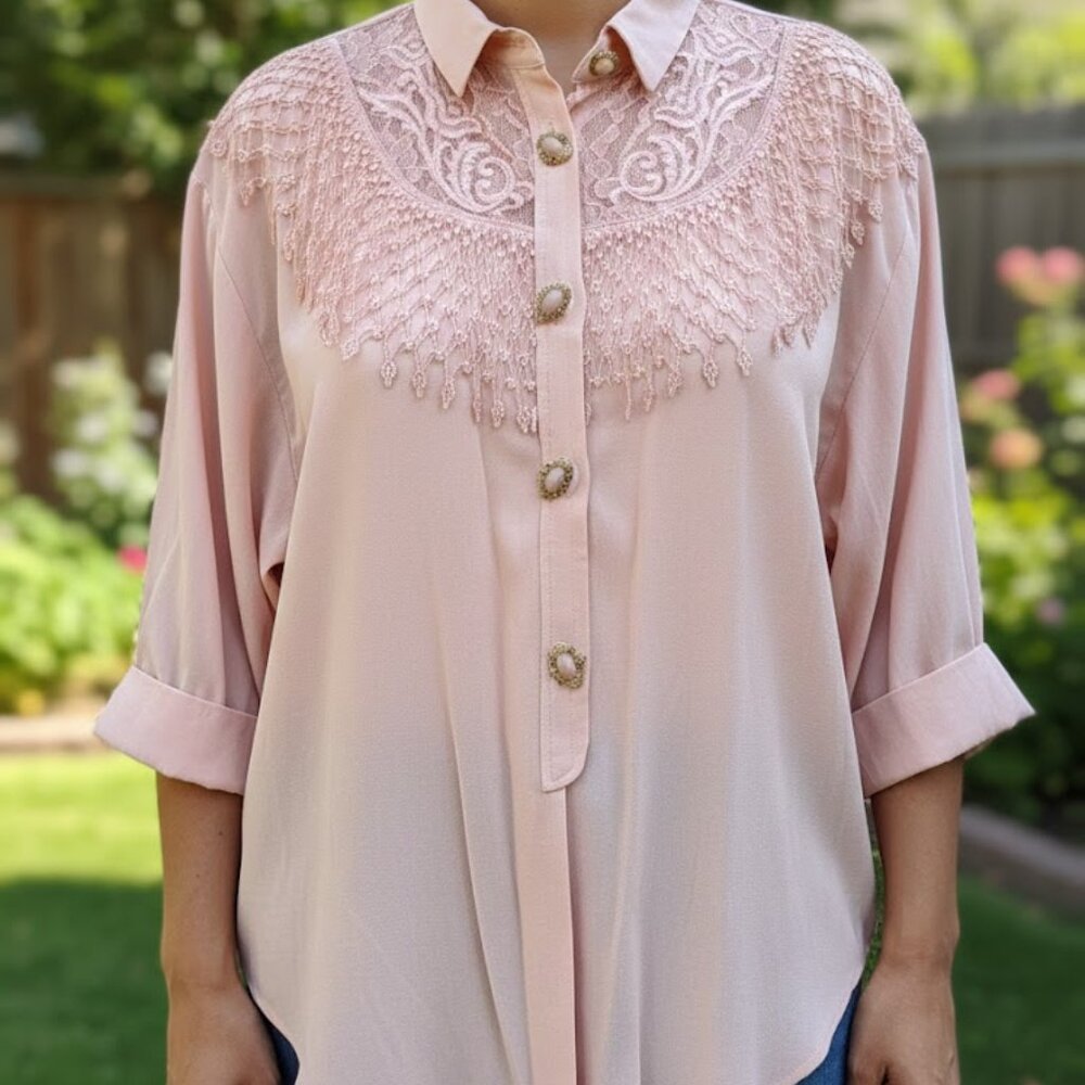 R&M Richards Vintage Lace Blouse Pink Romantic Prairie Top Size 16P 80s